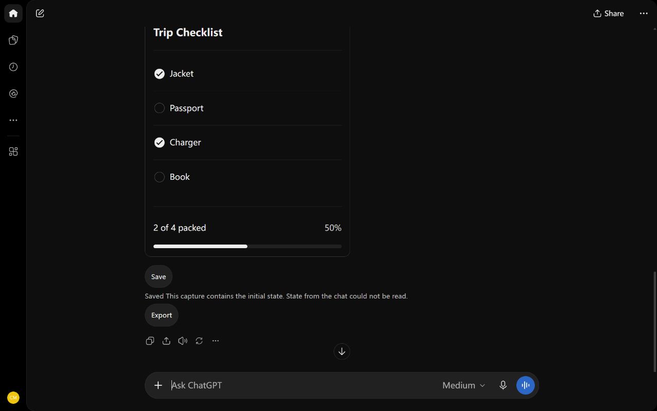 ChatGPT の旅行チェックリスト、Intelligent UI Desk の保存ボタン、初期状態の保存を示す通知。